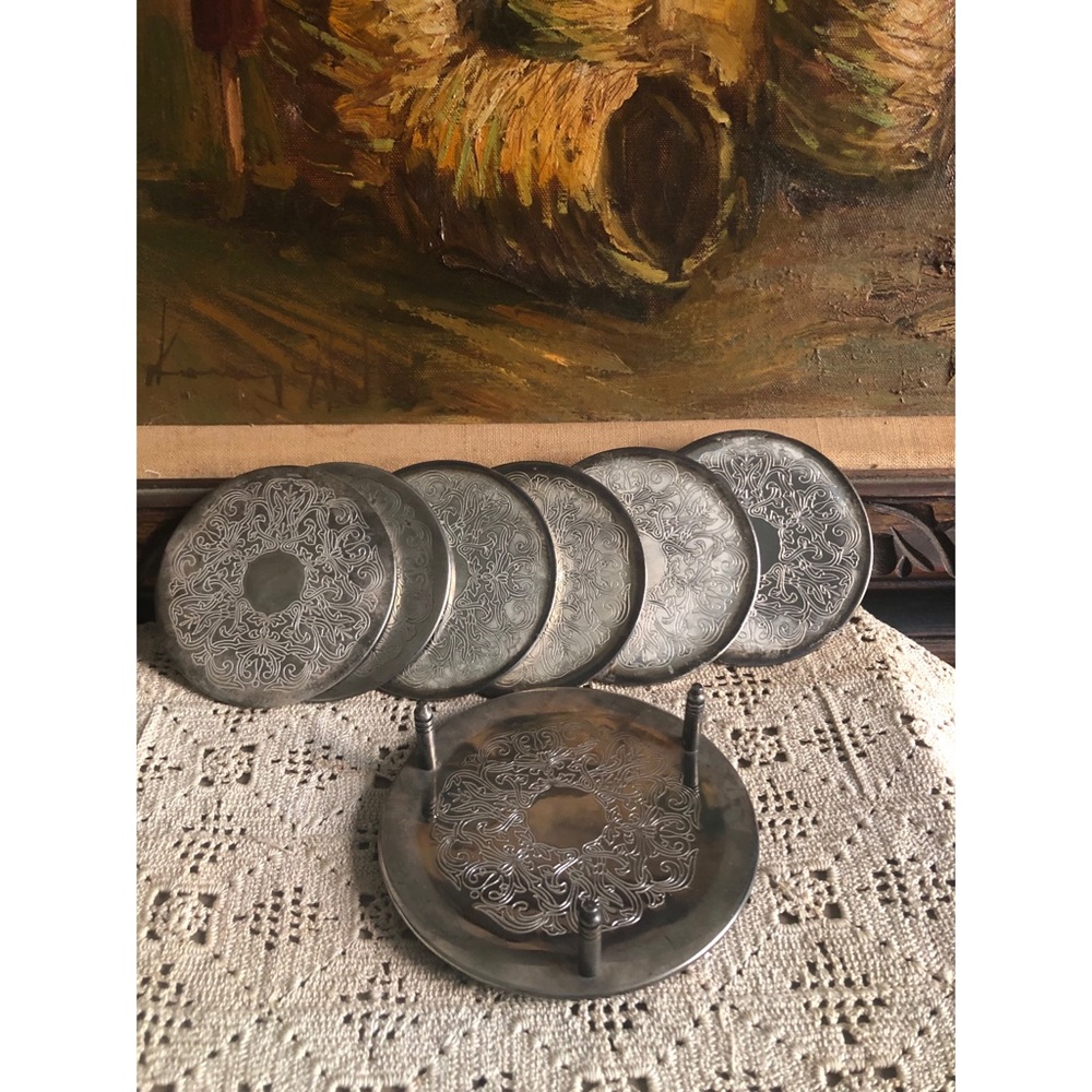 Medallion-Silver Coasters 6pc with Base - Picture 6 of 8